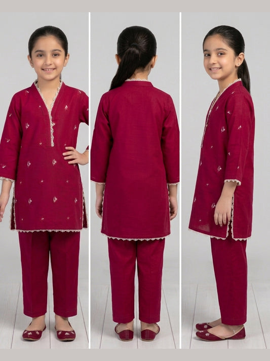 Crimson Blossom Embroidered Lawn Kurti & Trouser Set for Girls | Festive Wear