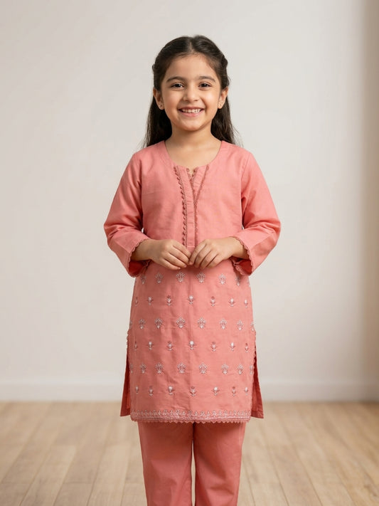 Blush Pink Embroidered Lawn Kurti & Trouser Set for Girls | Everyday & Festive Wear