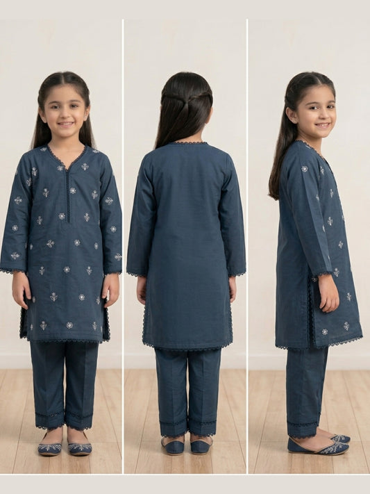 Midnight Blue Embroidered Lawn Kurti & Trouser Set for Girls | Formal Wear