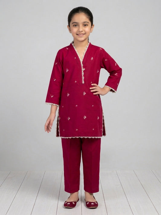 Crimson Blossom Embroidered Lawn Kurti & Trouser Set for Girls | Festive Wear