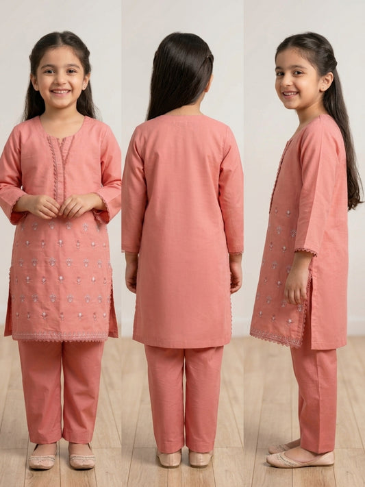 Blush Pink Embroidered Lawn Kurti & Trouser Set for Girls | Everyday & Festive Wear