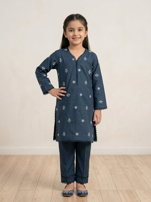 Midnight Blue Embroidered Lawn Kurti & Trouser Set for Girls | Formal Wear