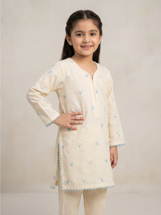 Ivory Cream Embroidered Lawn Kurti & Trouser Set for Girls