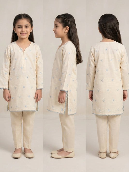 Ivory Cream Embroidered Lawn Kurti & Trouser Set for Girls
