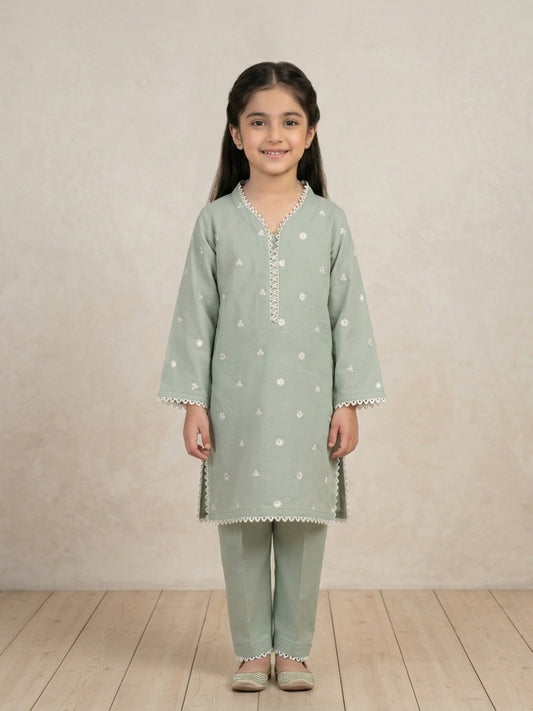 Sage Breeze Embroidered Kurti & Trouser Set for Girls | Festive & Everyday Wear