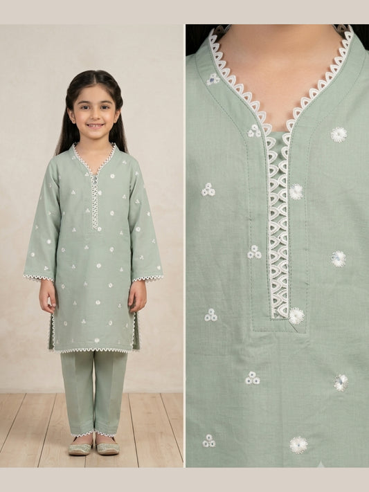 Sage Breeze Embroidered Kurti & Trouser Set for Girls | Festive & Everyday Wear